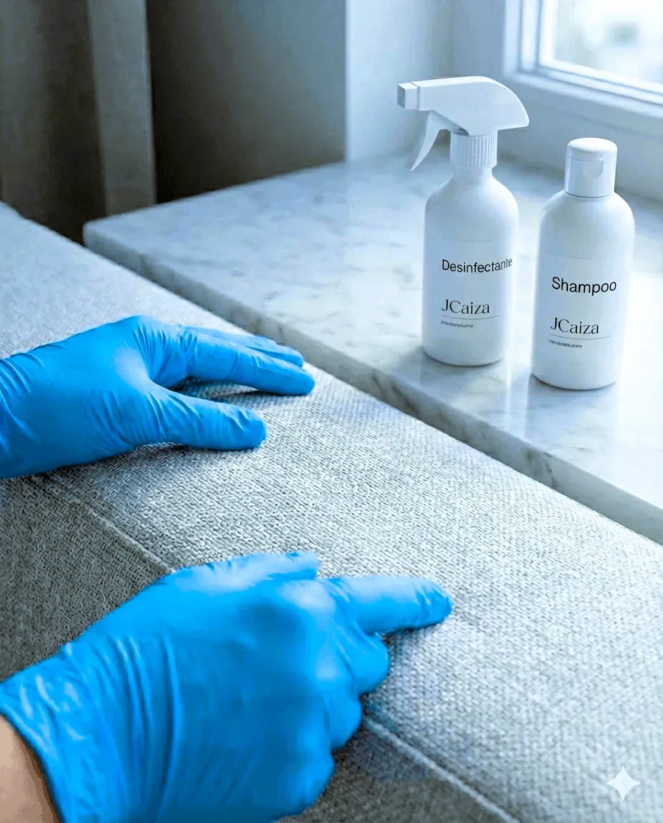 Primer plano de diagnóstico técnico de fibras en sofá gris, con selección de shampoo y desinfectante biodegradables para el cuidado textil, proceso JCaiza