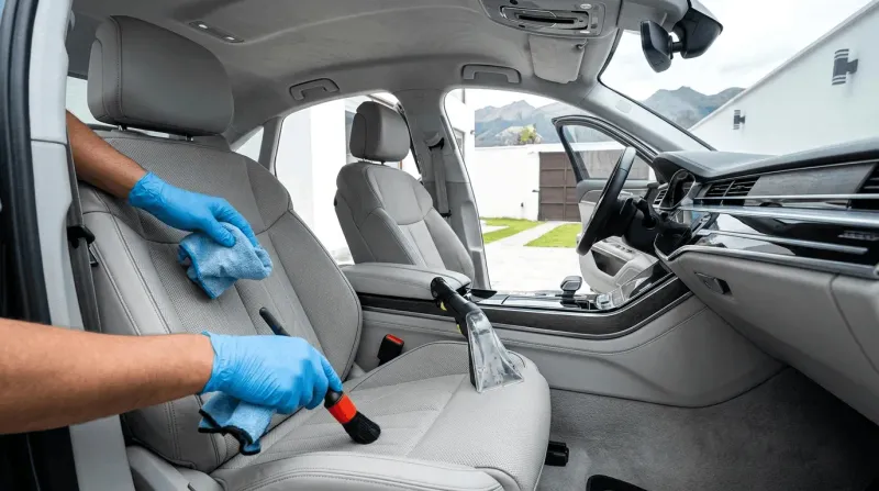 Técnico con guantes de protección realizando limpieza interior detallada y cuidadosa en auto de lujo a domicilio en Quito