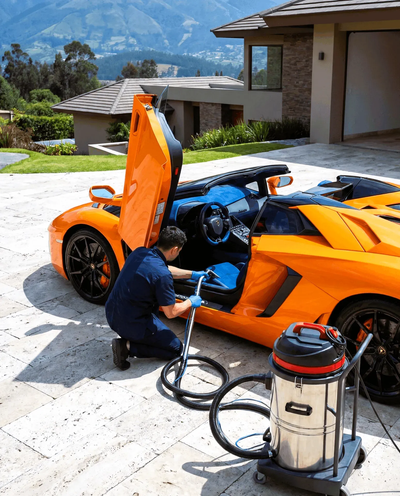 Servicio premium de limpieza de autos a domicilio en Quito: Técnico aspirando interior de Lamborghini naranja con equipo industrial en casa