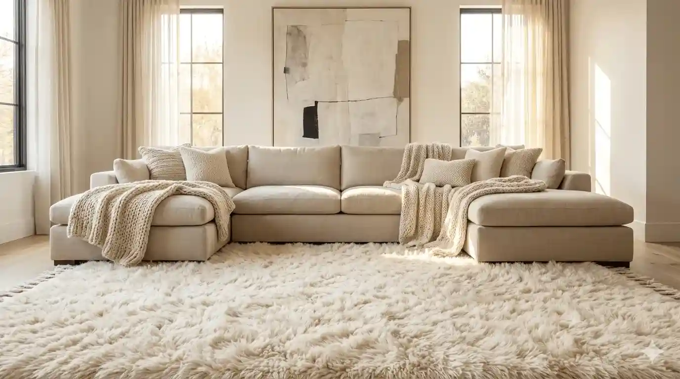 Sala de estar moderna de lujo con alfombra de pelo largo y sofá en L color crema, luciendo impecables y renovados tras servicio de limpieza profesional